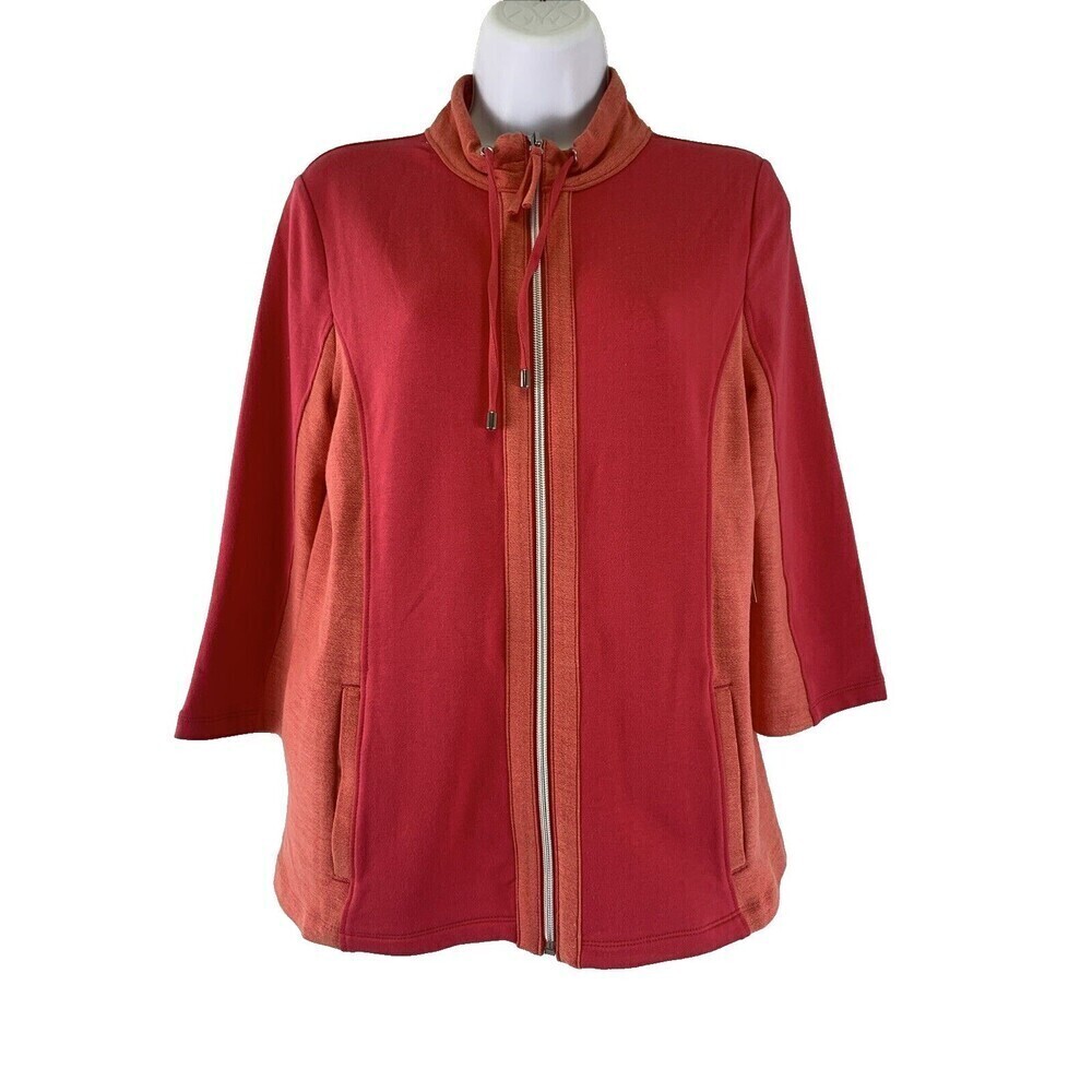 Chicos Weekends Zip Front Collared Jacket Coral‎ Fuchsia 3/4 Sleeves New Small